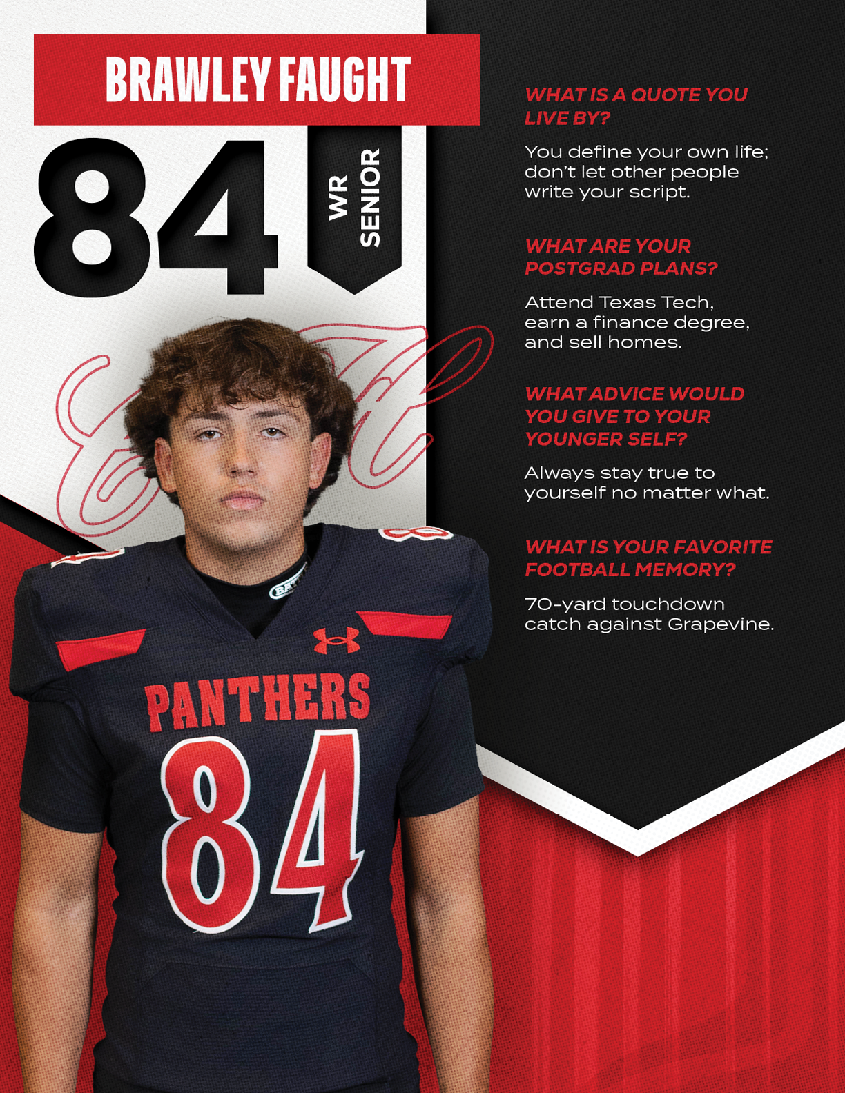 Person wearing a black football jersey with the number 84 and the word Panthers stands in front of a red and black background with text about their sports achievements and personal quotes. Description generated by AI