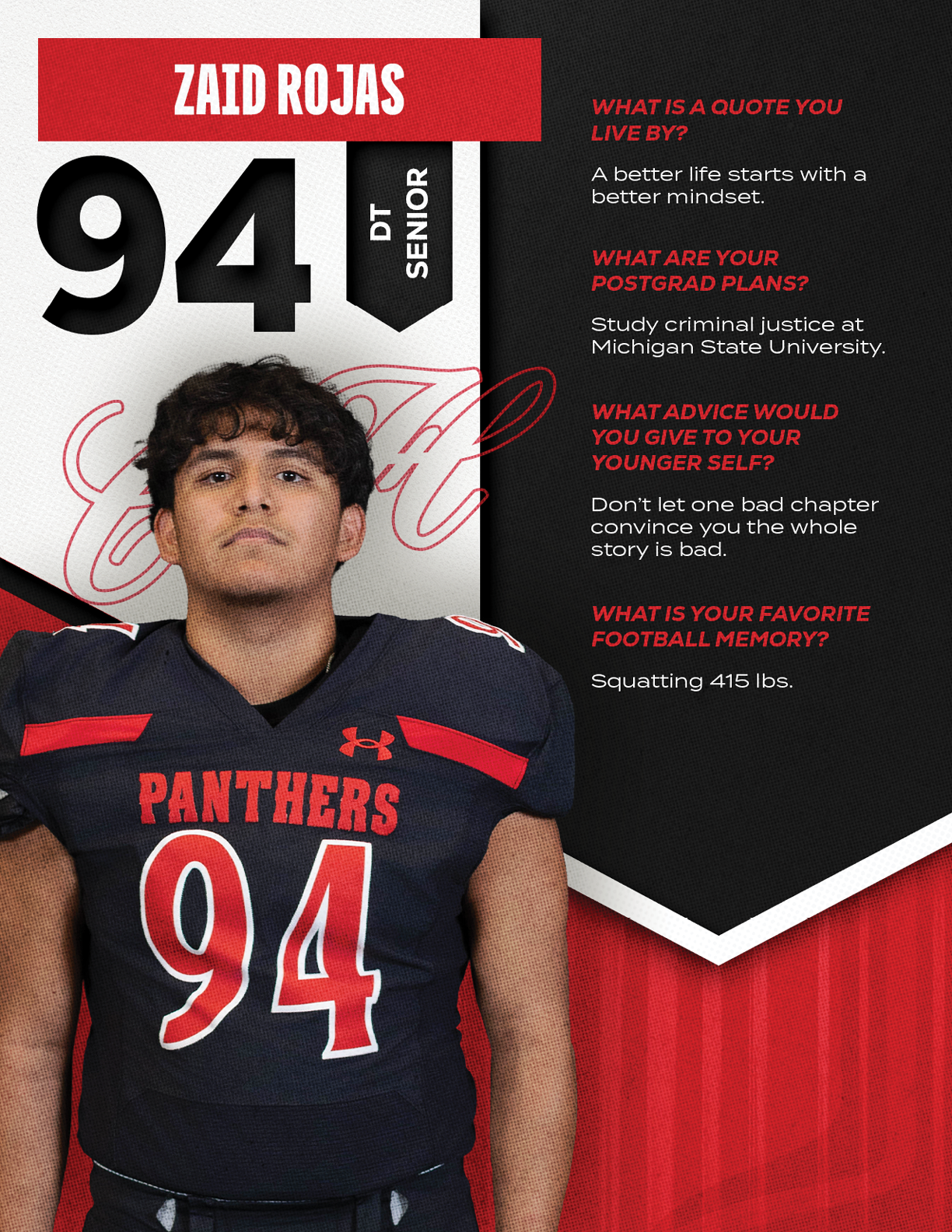 A person wearing a black and red football uniform with the number 94 stands next to text about their name, position, senior status, a favorite quote, postgrad plans, advice for younger players, and a favorite football memory. Description generated by AI
