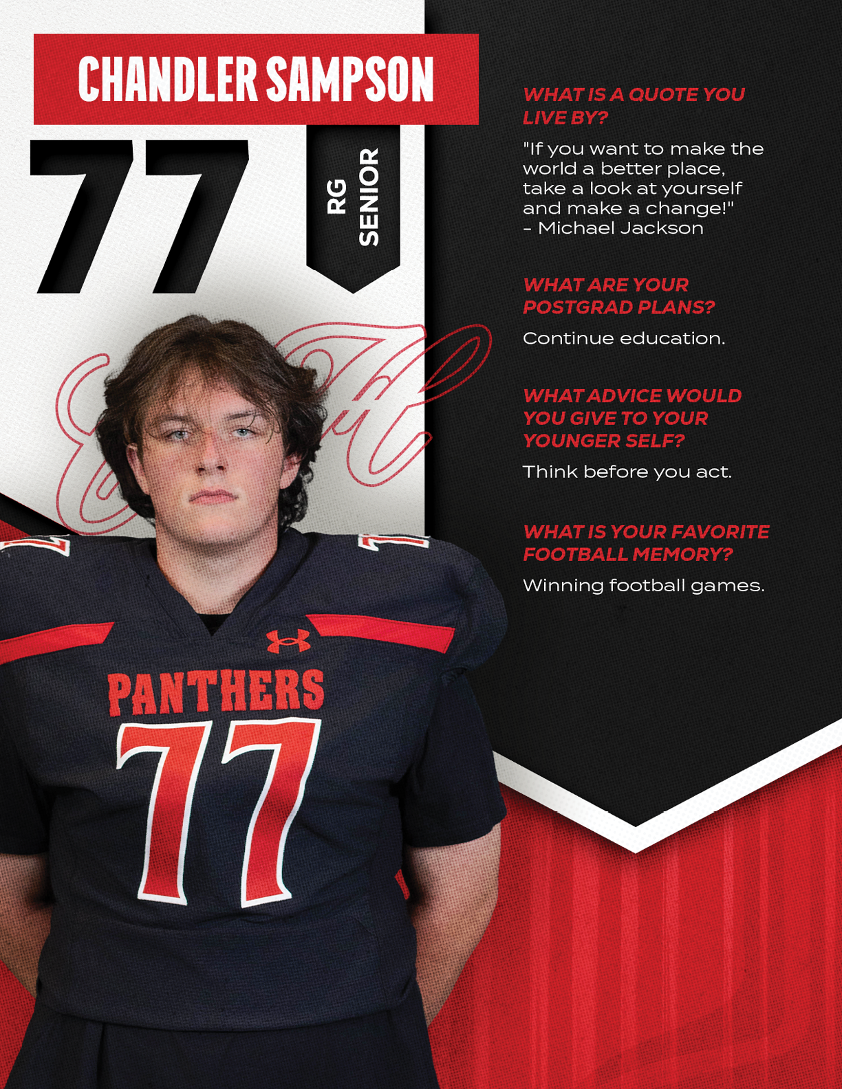 Person with medium-length hair wearing a black football jersey with the number 77 and the word Panthers stands next to text featuring their name Chandler Sampson, class year, and quotes about life, future plans, advice, and a favorite football memory. Description generated by AI