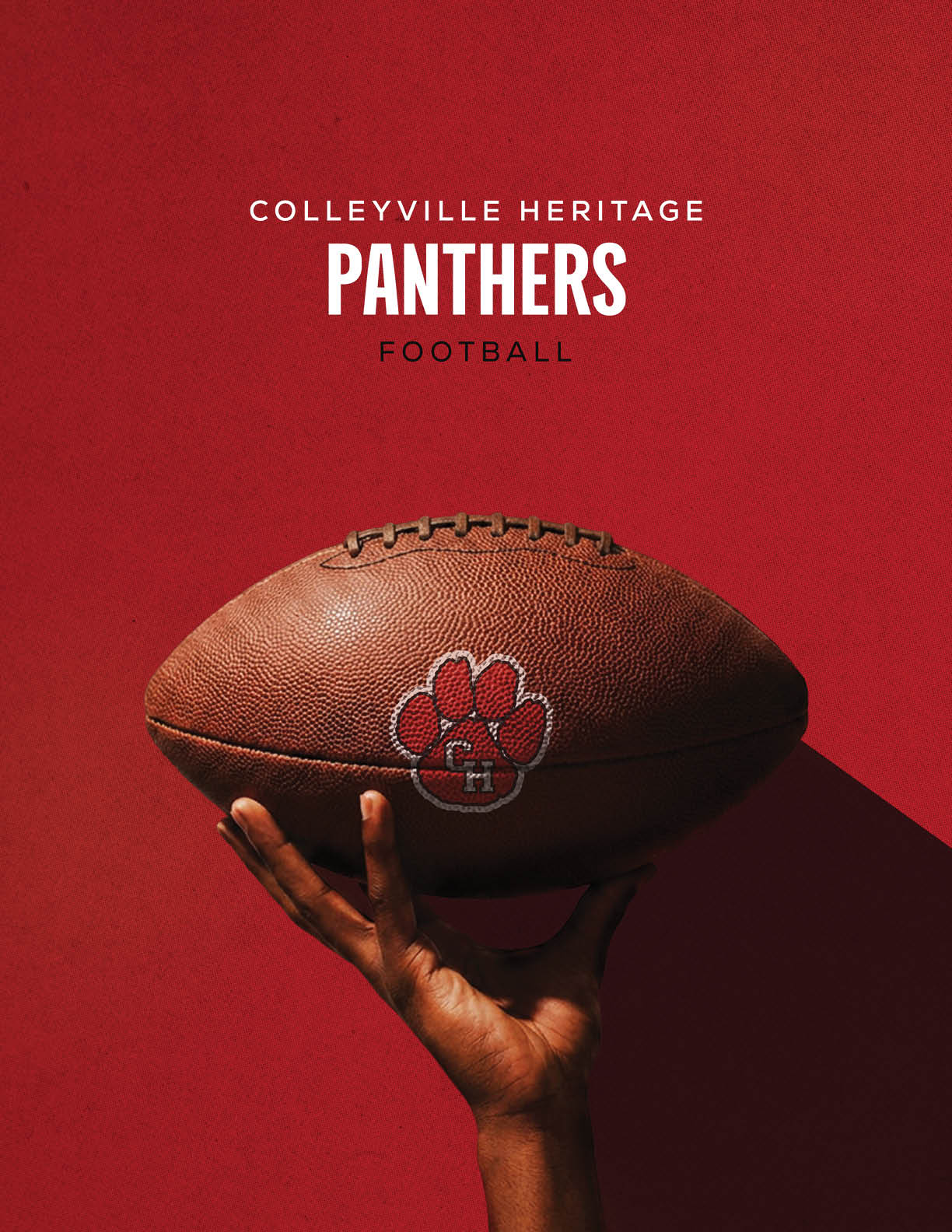 A close-up of a football on the left side with the text “Colleyville Heritage Panthers Football" on a red background. Description generated by AI