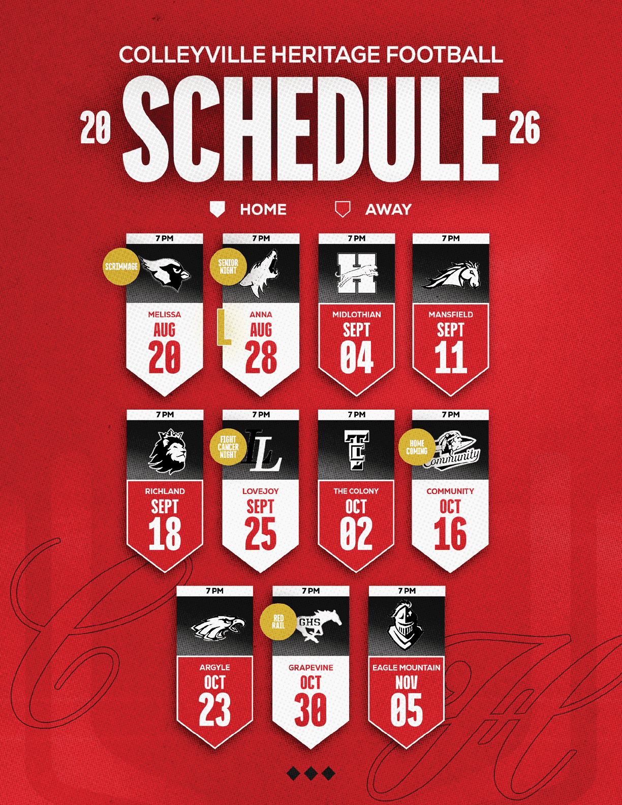 The Colleyville Heritage Football 2026 schedule is displayed on a red background with dates and opponents for home and away games shown in a banner style. Description generated by AI