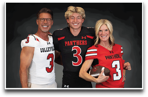 Three adults wearing football jerseys with the number 3 pose smiling against a dark background, with one holding a football. Description generated by AI