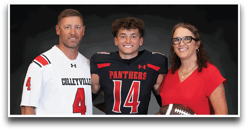 Three people stand together smiling with one wearing a black football uniform numbered 14, another in a white jersey numbered 4, and the third in a red dress holding a football. Description generated by AI