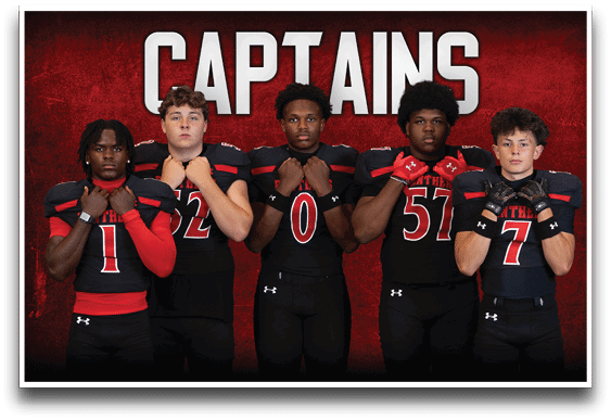 Five adults wearing black and red football uniforms stand in a row with their fists raised near their chests against a red background with the word “CAPTAINS" above them. Description generated by AI
