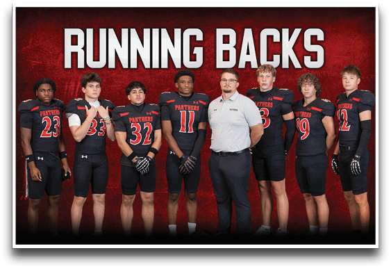 Seven people wearing black football uniforms with red and white accents stand next to one person in a white polo shirt and dark pants under the bold text “RUNNING BACKS" on a red textured background. Description generated by AI