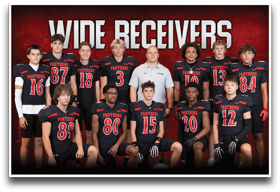 A group of people wearing black and red football uniforms with the word Panthers pose together in front of a red and black background with the words Wide Receivers above them. Description generated by AI