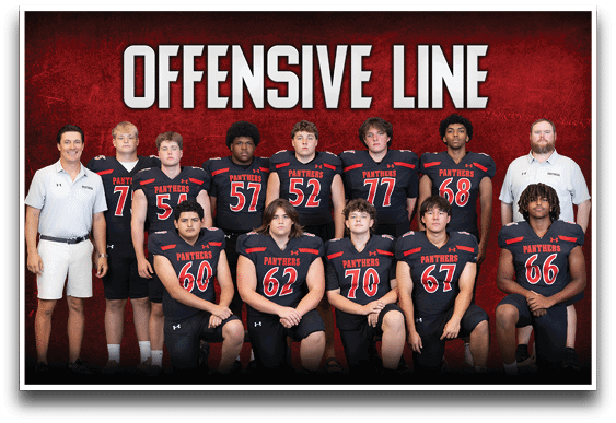 A group of adults wearing black football uniforms with red and white accents pose in two rows under the bold text “OFFENSIVE LINE" on a red background. Description generated by AI