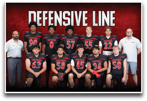A group of people wearing black and red football uniforms with the word Panthers pose in two rows in front of a red background with the text Defensive Line. Description generated by AI