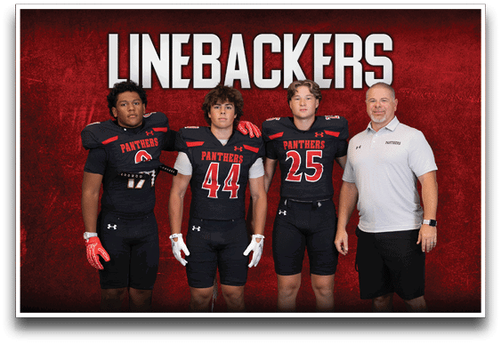 Three people in black football uniforms and one person in a white polo shirt and black shorts stand together in front of a red background with the word “LINEBACKERS" above them. Description generated by AI