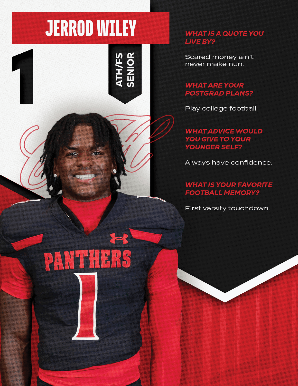 An adult with shoulder-length dreadlocks wearing a black and red Panthers football uniform with the number one smiles while standing next to text about their athletic senior year and football-related questions and answers. Description generated by AI