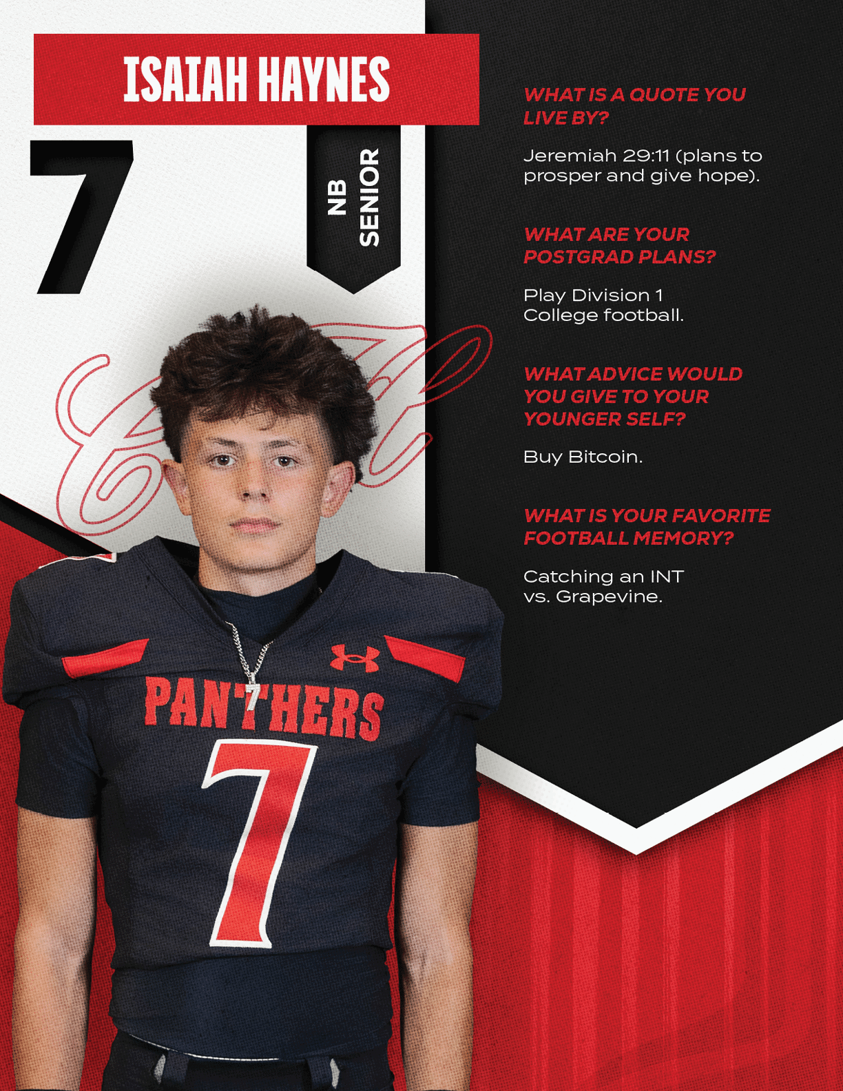A person wearing a black and red football uniform with the number seven stands next to a graphic featuring the name Isaiah Haynes, senior status, and text about quotes, post-graduation plans, advice, and a favorite football memory. Description generated by AI