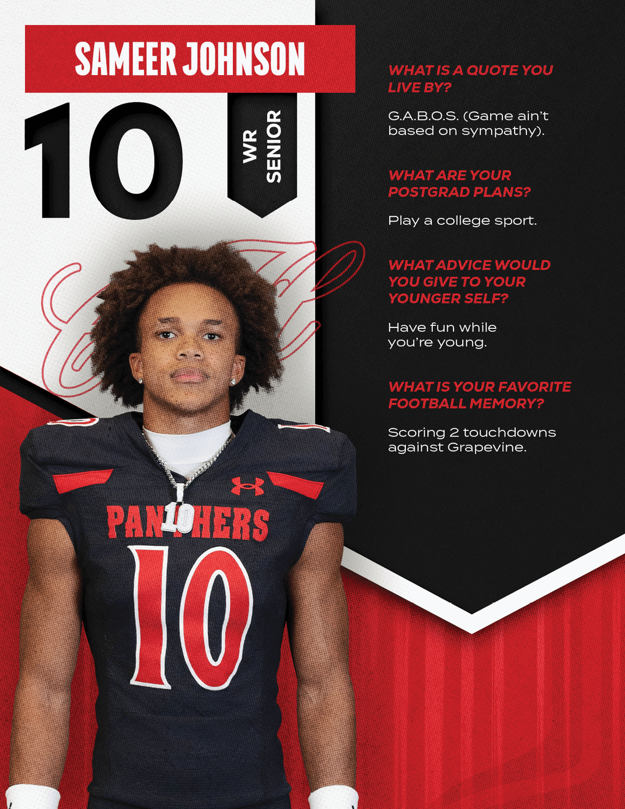 A person with curly hair wearing a black football jersey with the number 10 and the word Panthers stands next to text about their senior year, postgrad plans, advice, and favorite football memory. Description generated by AI