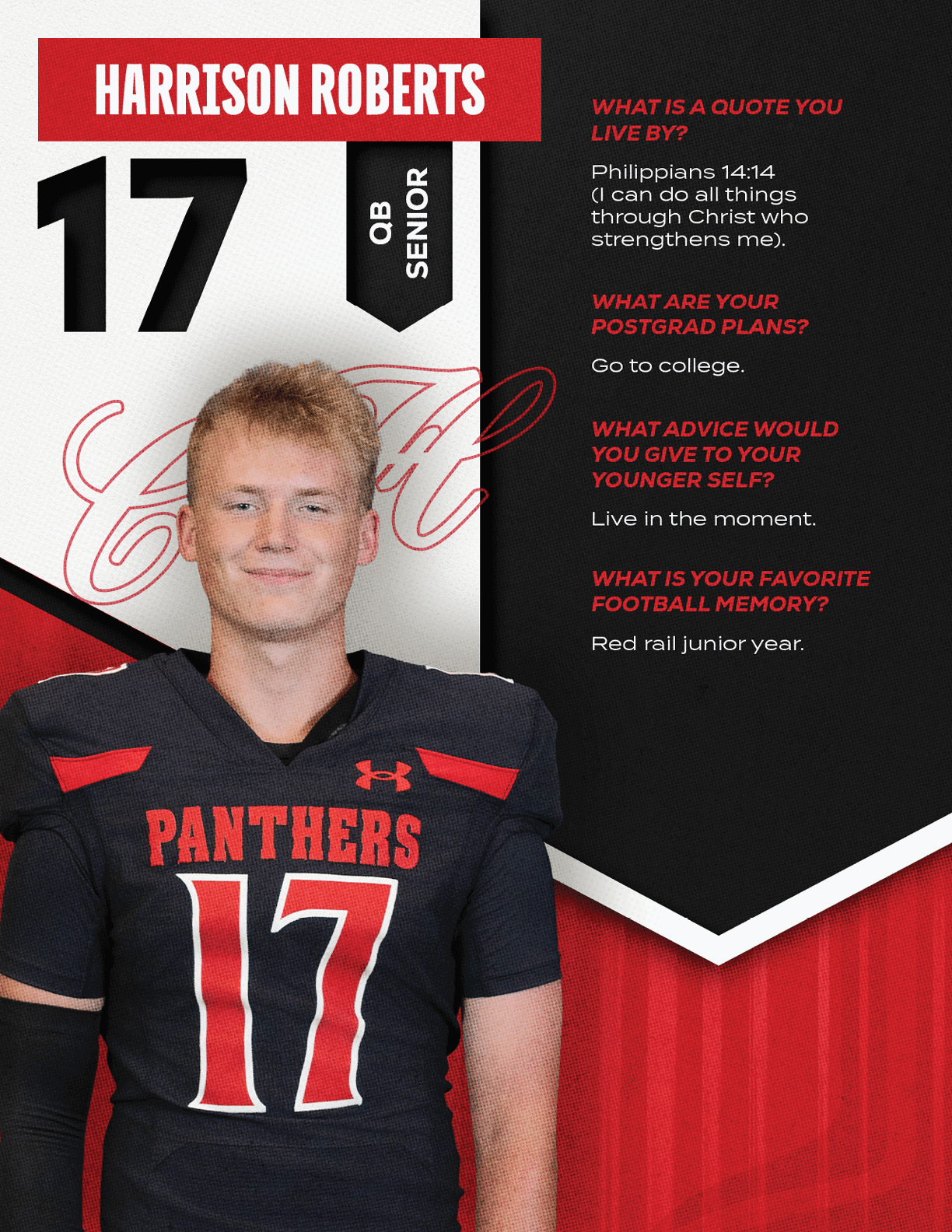 A person wearing a black and red Panthers football jersey with the number 17 stands next to text featuring the name Harrison Roberts, class year, and personal quotes about a favorite quote, postgrad plans, advice to younger self, and a favorite football memory. Description generated by AI