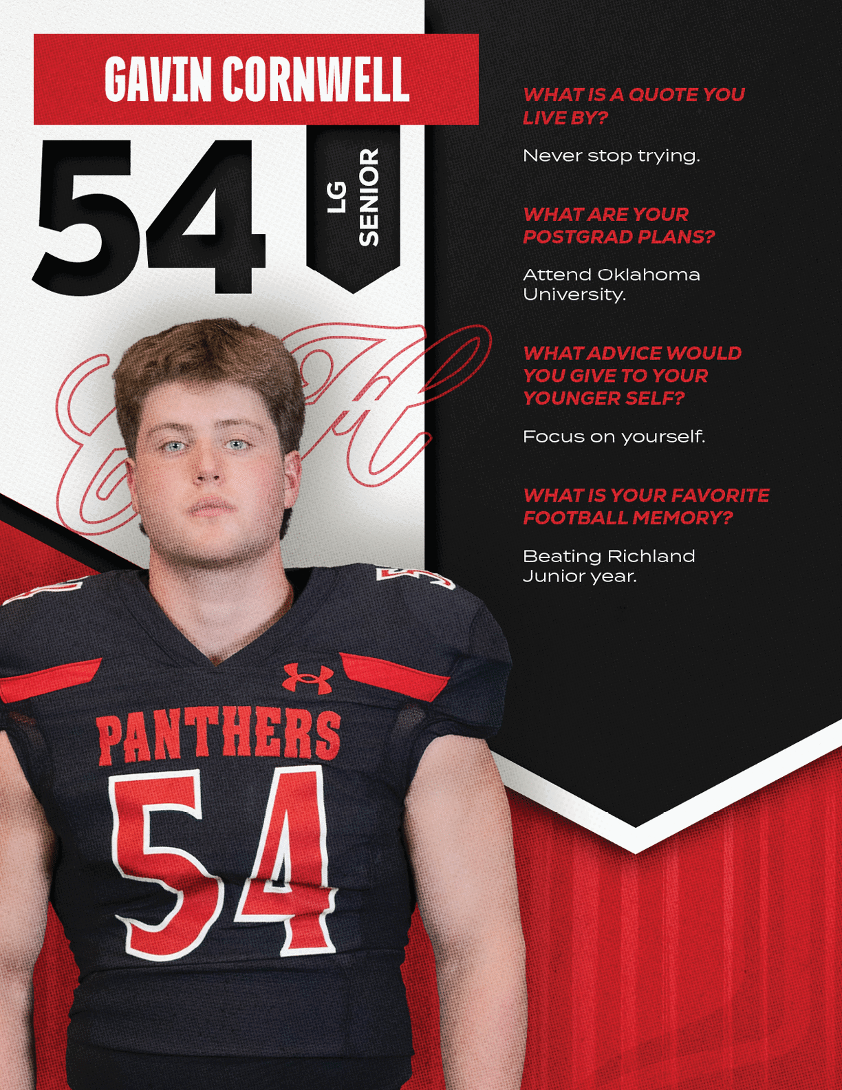 A person wearing a black and red Panthers football jersey with the number 54 stands next to text featuring their name, position, senior status, and answers to questions about a favorite quote, postgrad plans, advice to younger self, and favorite football memory. Description generated by AI