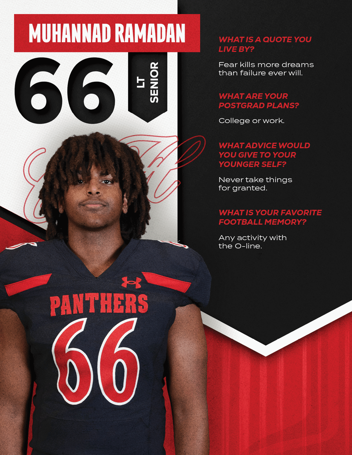 A person with medium-length dreadlocks wearing a black and red football jersey with the number 66 and the word Panthers stands next to text detailing their name, position as a senior, and answers about a favorite quote, postgrad plans, advice to younger self, and favorite football memory. Description generated by AI
