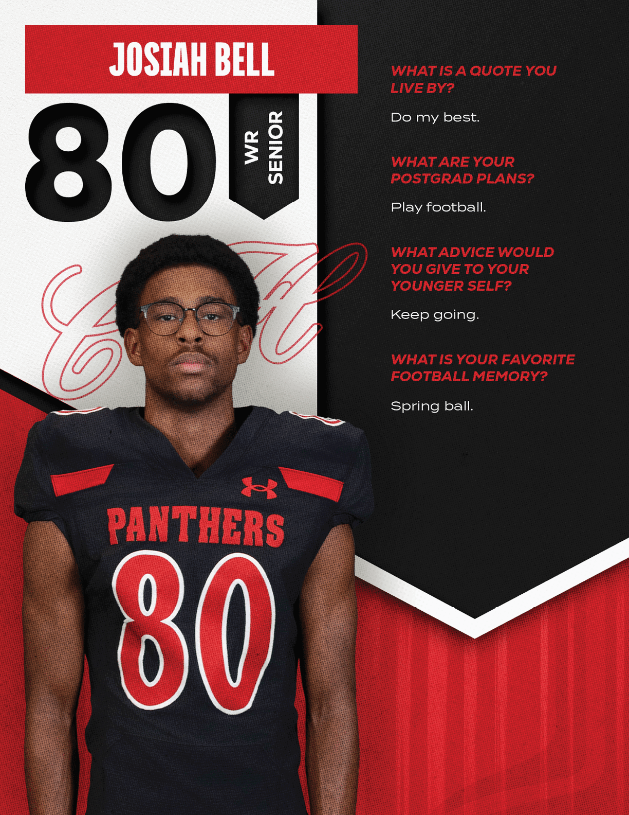 A person wearing a black and red Panthers football uniform with the number 80 stands next to text featuring their name Josiah Bell, senior status, and answers about their favorite quote, postgrad plans, advice to younger self, and favorite football memory. Description generated by AI