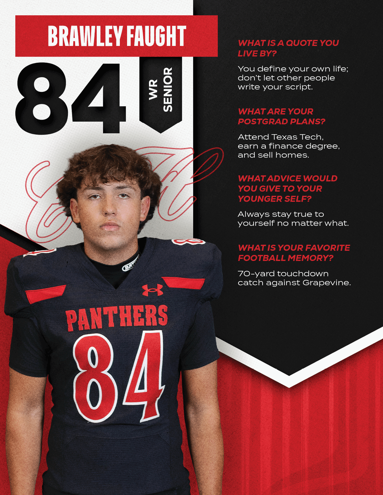 Person wearing a black football jersey with the number 84 and the word Panthers stands in front of a red and black background with text about their sports achievements and personal quotes. Description generated by AI