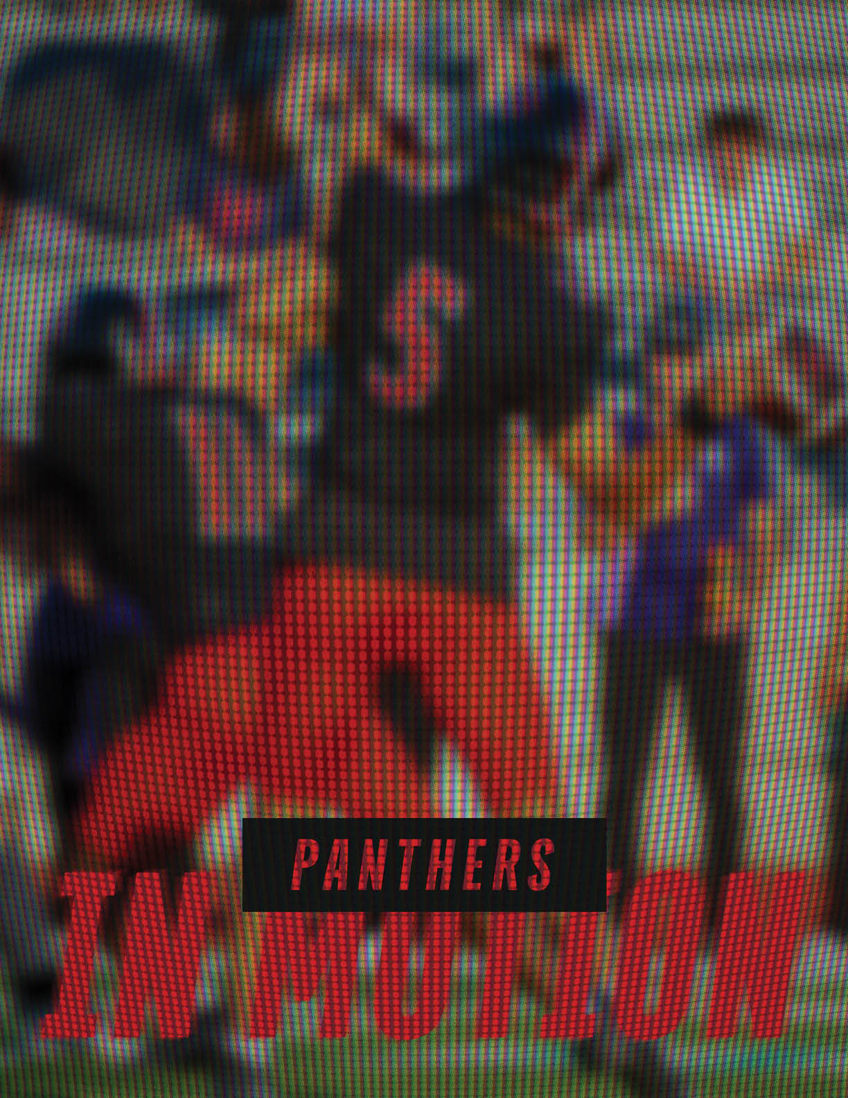 Two people in sports uniforms with numbers on their backs are in motion with a crowd of people in the background and the text “Panthers In Motion" displayed at the bottom. Description generated by AI
