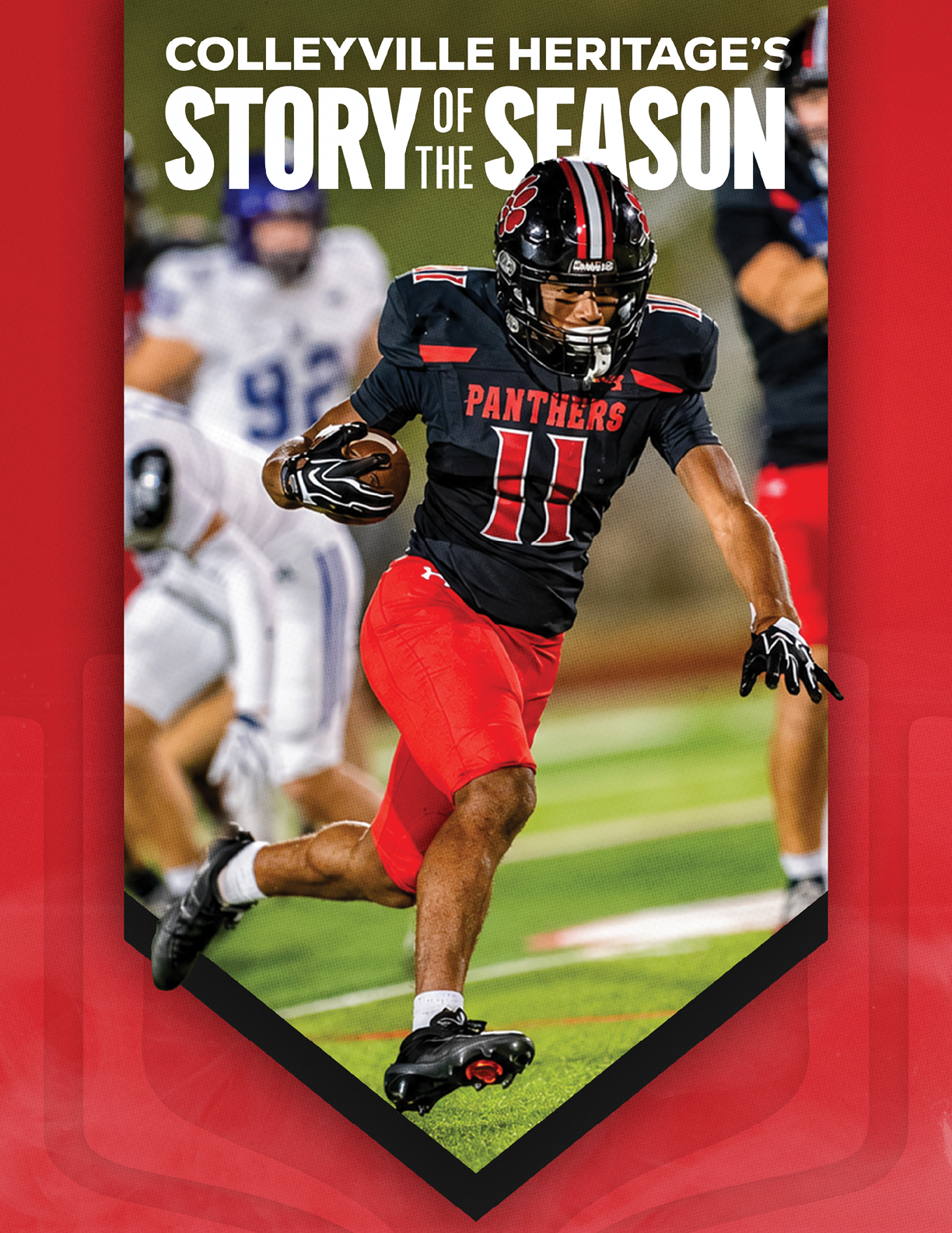 Four athletes in football uniforms from Colleyville Heritage are posed dynamically against a red and black background with the text “Colleyville Heritage's Story of the Season" above them. Description generated by AI
