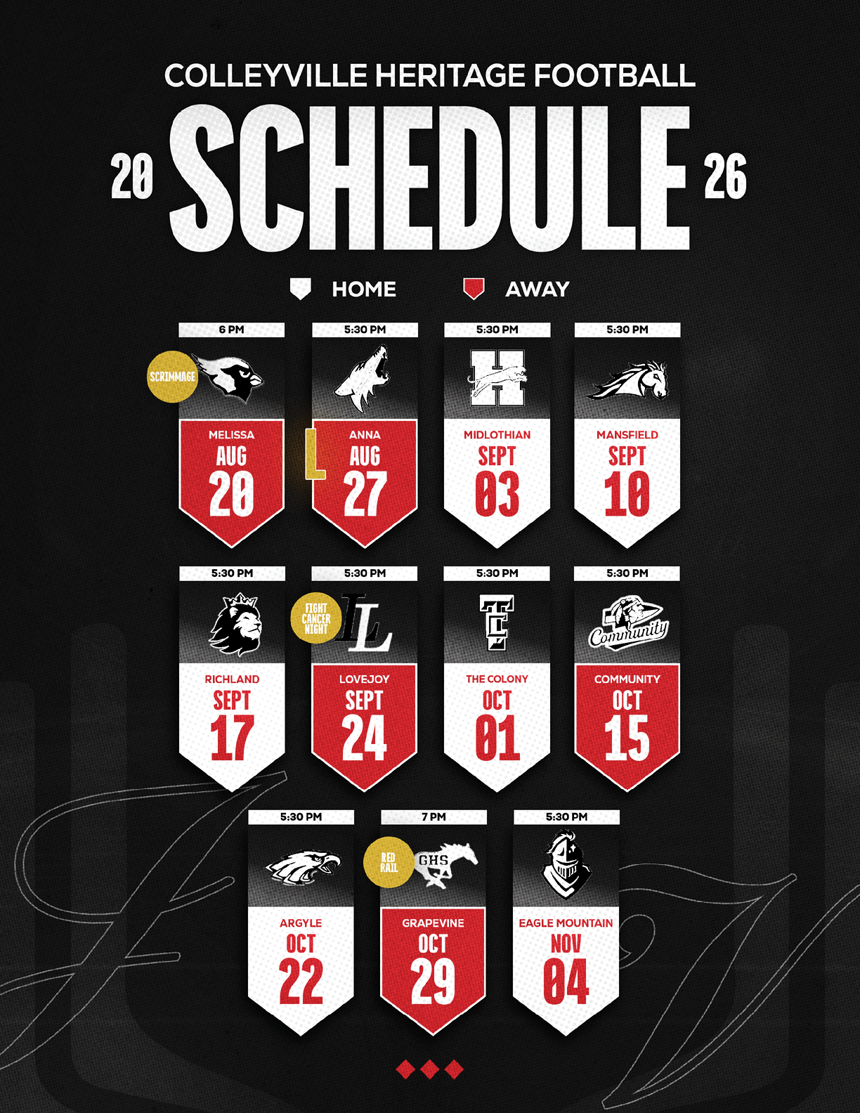 The Colleyville Heritage Football 2026 schedule is displayed with home and away games listed by date and opponent in a bold, graphic style on a black background. Description generated by AI