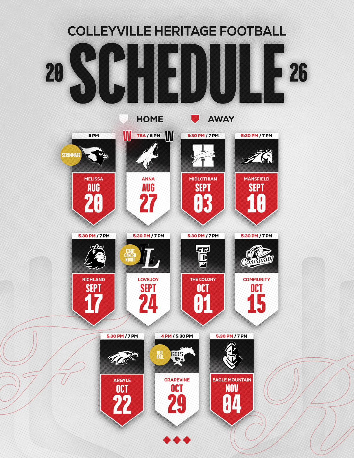 Colleyville Heritage Football 2026 schedule graphic showing home and away games with dates and team logos in a red, black, and white color scheme. Description generated by AI