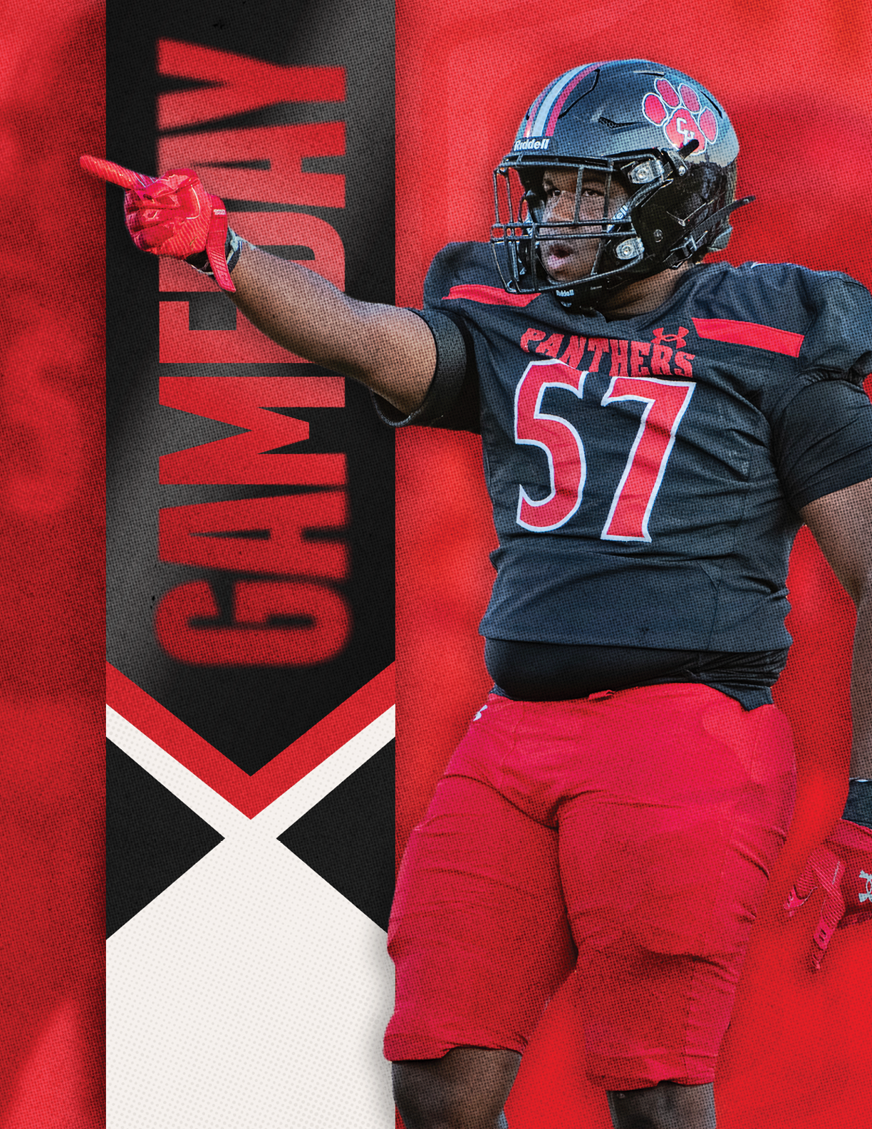 Three people in white football uniforms with black helmets pose in front of a red background with a vertical banner that reads GAMEDAY. Description generated by AI