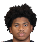 A person with curly hair wearing a black football jersey with red and white lettering that says Panthers and the number 90 stands facing forward against a white background. Description generated by AI