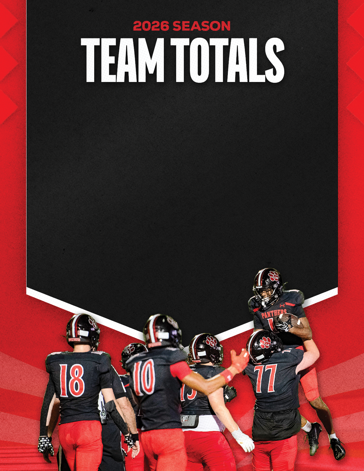A group of football players standing on the field. Description generated by AI