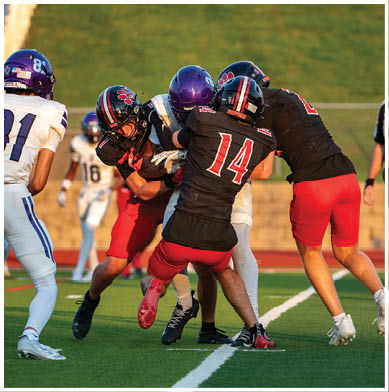 Several people in football uniforms are engaged in a tackle on a grassy field during a game. Description generated by AI