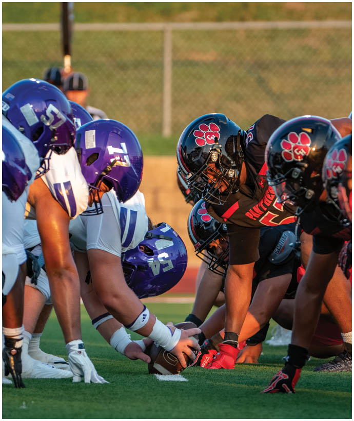 Two opposing American football teams in black and red and white and purple uniforms are lined up facing each other on the field preparing for a play. Description generated by AI