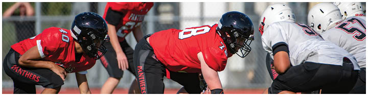 People in football uniforms are crouched in a ready position on a field, preparing for a play. Description generated by AI