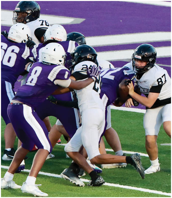 Several people in football uniforms are engaged in a play on a green field near a purple end zone. Description generated by AI