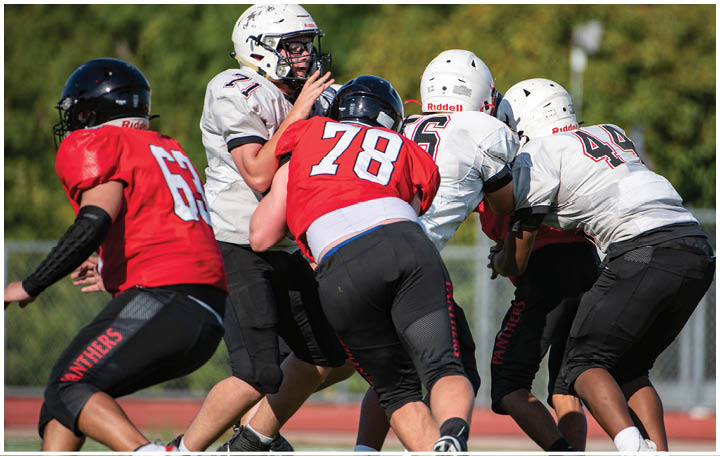 Several people wearing football uniforms are engaged in a play on a grassy field with a blurred background of trees and a fence. Description generated by AI