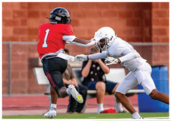 Two people in football gear are engaged in a play on a field with one person in red attempting to evade the other person in white who is reaching out to tackle. Description generated by AI