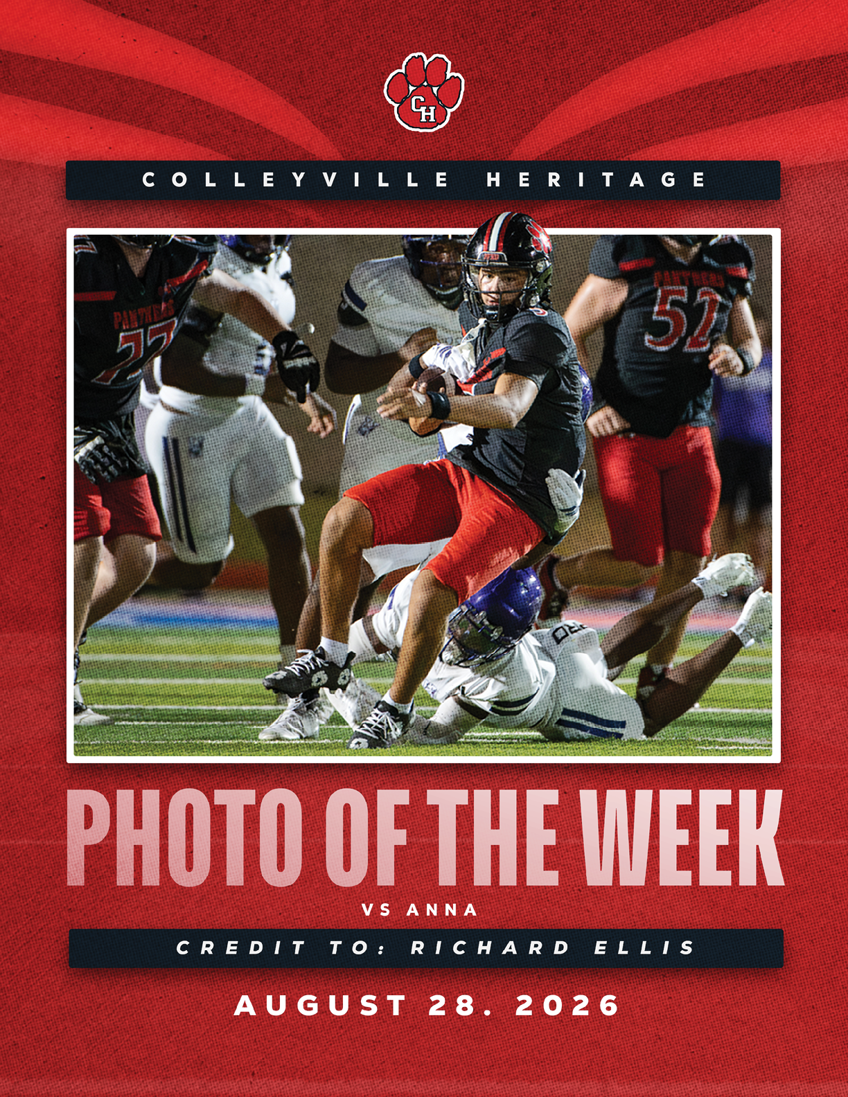 A football player in a black jersey and red pants is running with the ball while being tackled by a player in a white uniform during a game between Colleyville Heritage and Anna on August 28, 2026. Description generated by AI