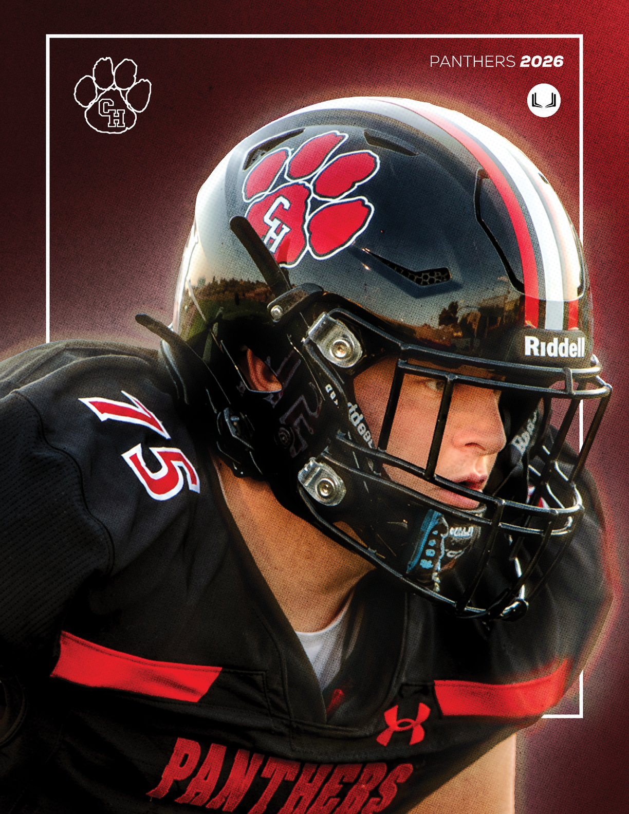 A person wearing a black football uniform with red accents and a black helmet featuring a red paw print is focused and ready for action on the field. Description generated by AI
