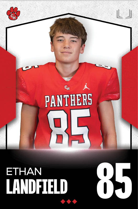 A person with short hair wearing a red football jersey with the number 85 and the word Panthers stands against a white background with red and black graphic elements. Description generated by AI