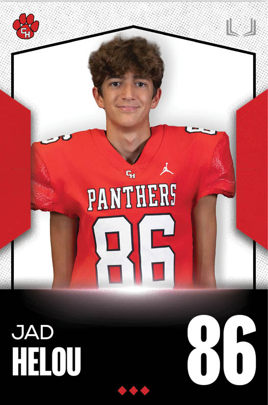 A person with curly hair wearing a red football jersey with the number 86 and the word Panthers stands against a white background with red and black graphic elements. Description generated by AI