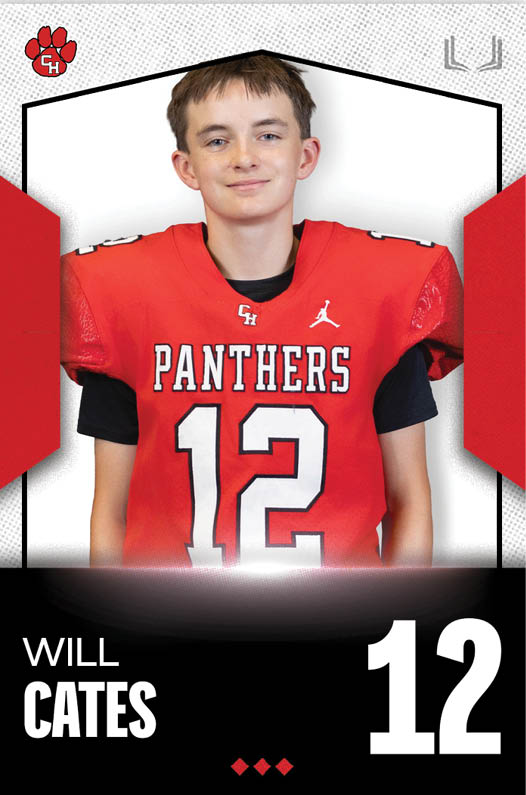 A person wearing a red football jersey with the number 12 and the word Panthers stands smiling against a white background with black and red graphic elements. Description generated by AI
