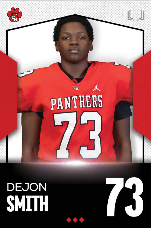 Person wearing a red football jersey with the number 73 and the word Panthers standing against a white background with red and black graphic elements. Description generated by AI