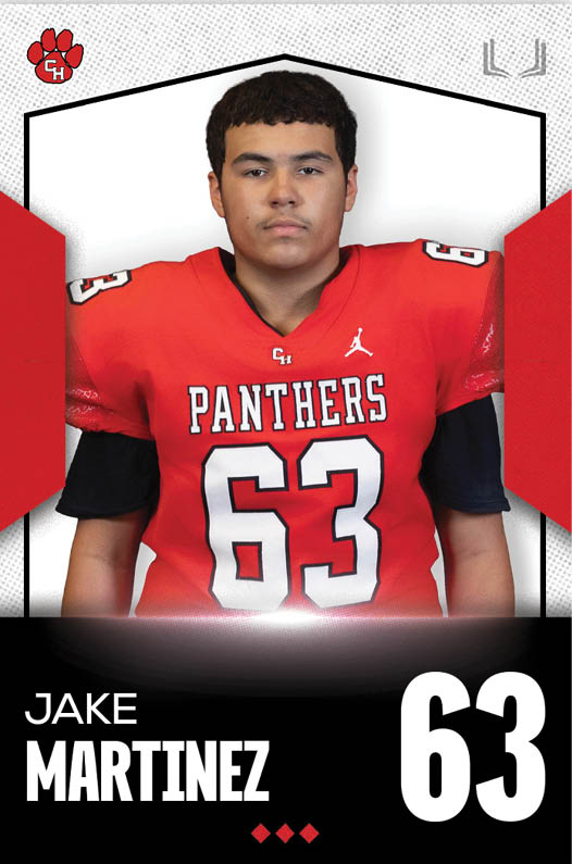 Person wearing a red football jersey with the number 63 and the word Panthers standing against a white background with red and black graphic elements. Description generated by AI