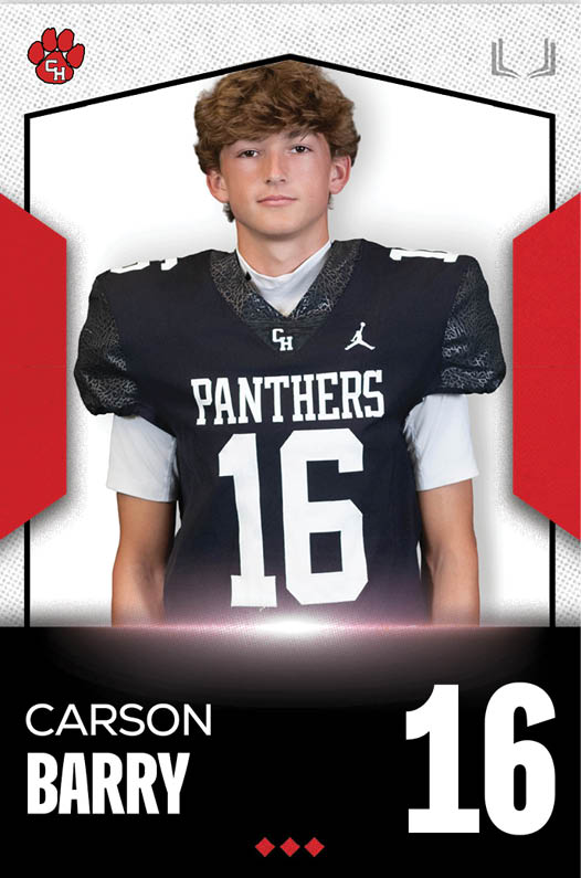 A person with curly hair wearing a black football jersey with the number 16 and the word Panthers stands against a white and red sports card-style background with the name Carson Barry displayed. Description generated by AI