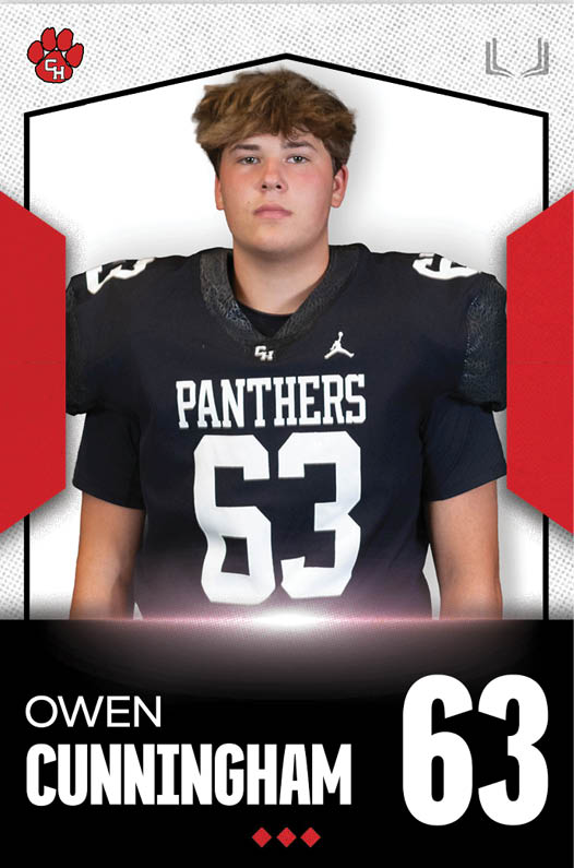 A person with short, tousled hair wearing a black football jersey with the number 63 and the word Panthers stands against a white background with red accents and the name Owen Cunningham displayed below. Description generated by AI