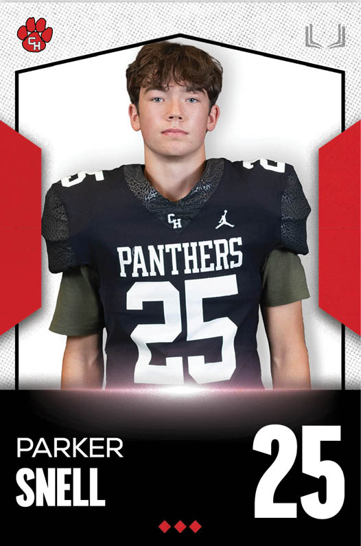 A person wearing a black football jersey with the number 25 and the word Panthers stands against a white background with red accents and the name Parker Snell displayed below. Description generated by AI