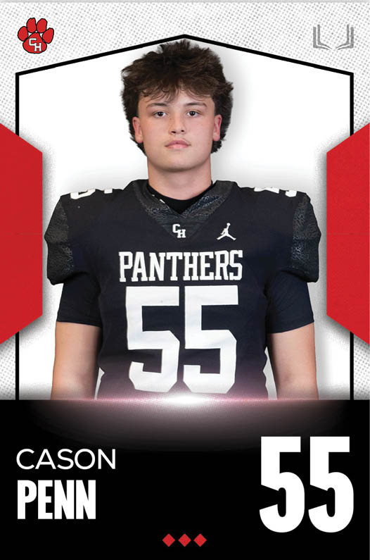 A person with short, tousled hair wearing a black football jersey with the number 55 and the word Panthers stands against a white background with red and black graphic accents. Description generated by AI