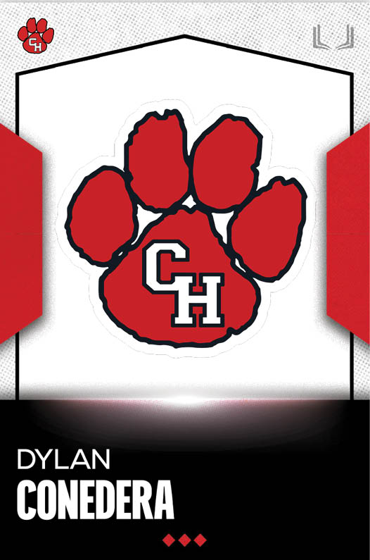 A red paw print with the letters CH inside is centered above the name Dylan Conedera on a white and black background with red accents. Description generated by AI