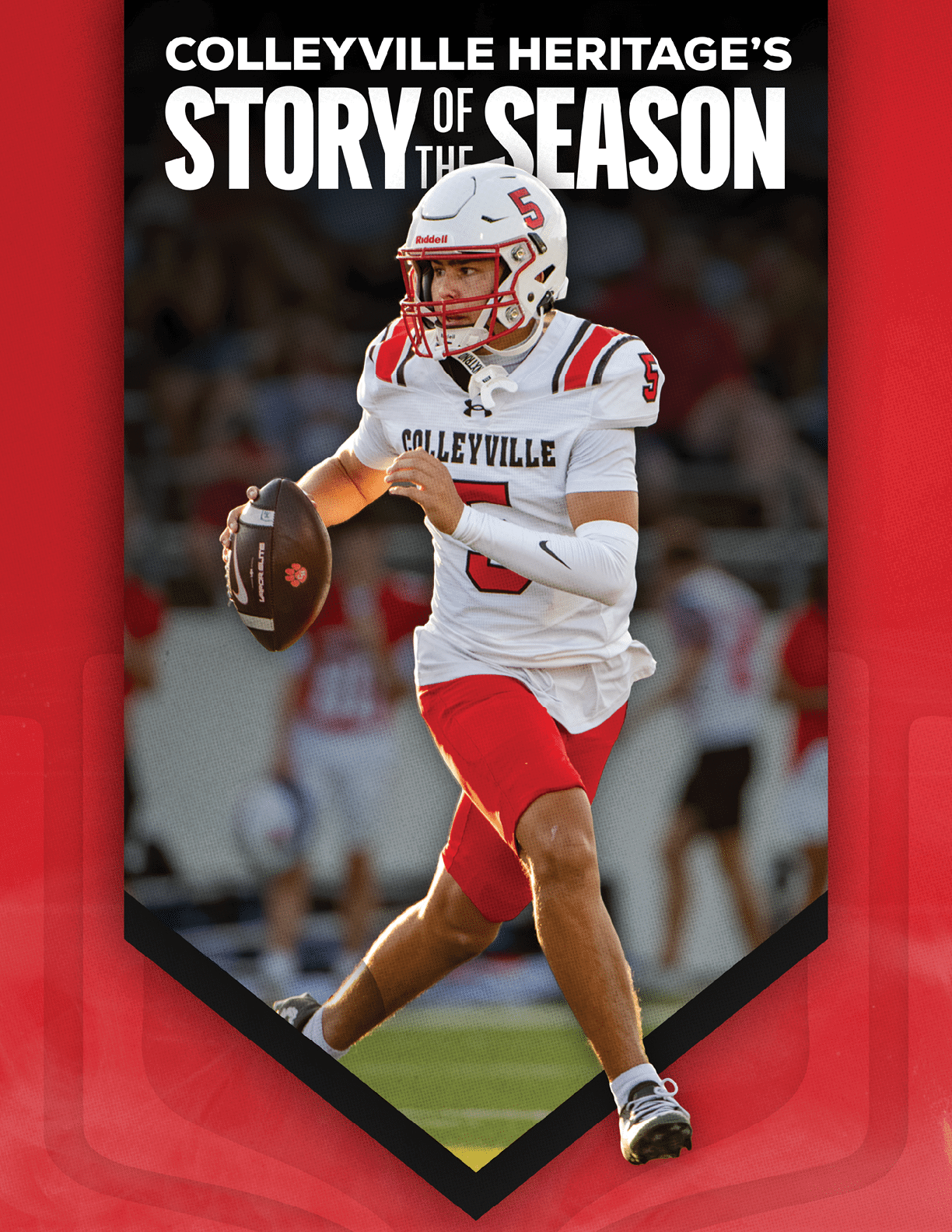 A person in a white and red football uniform with the number 5 is running on a field holding a football, with the text “Colleyville Heritage's Story of the Season" above. Description generated by AI