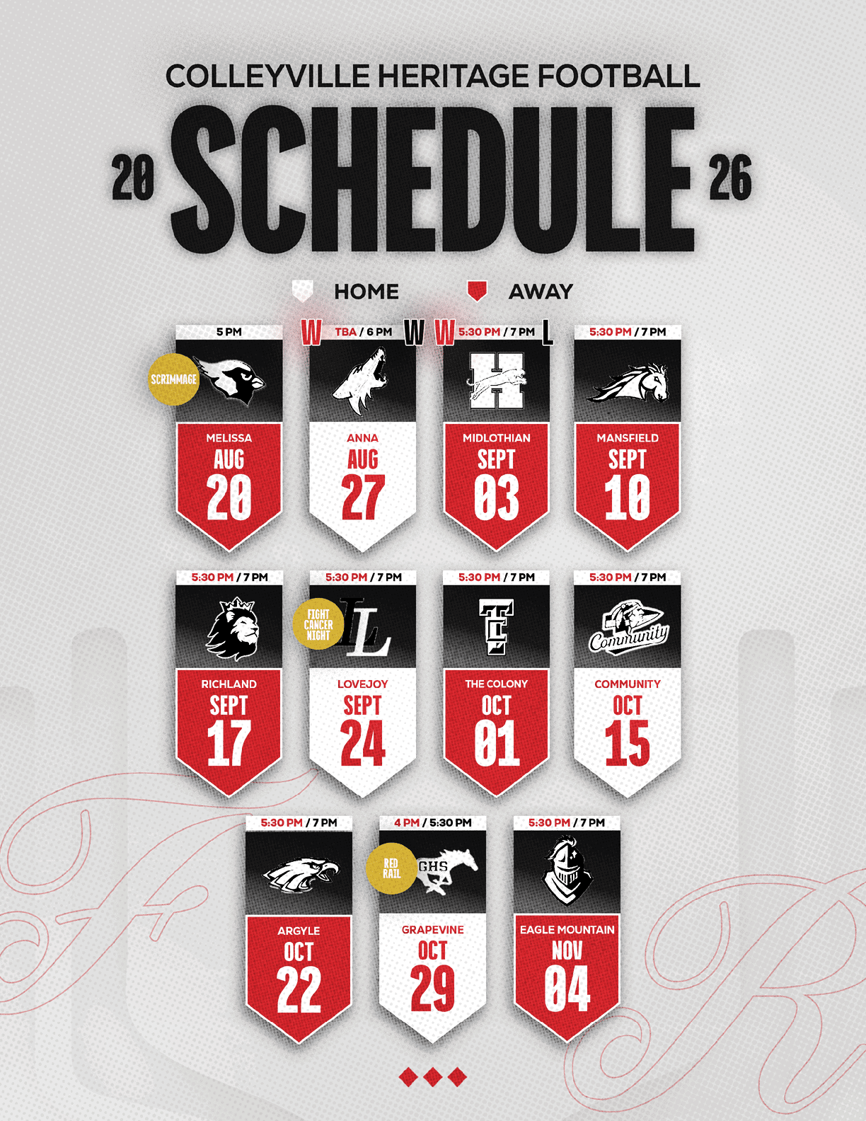 Colleyville Heritage Football 2026 schedule displayed with home and away games marked by dates and team logos in a red, black, and white color scheme. Description generated by AI