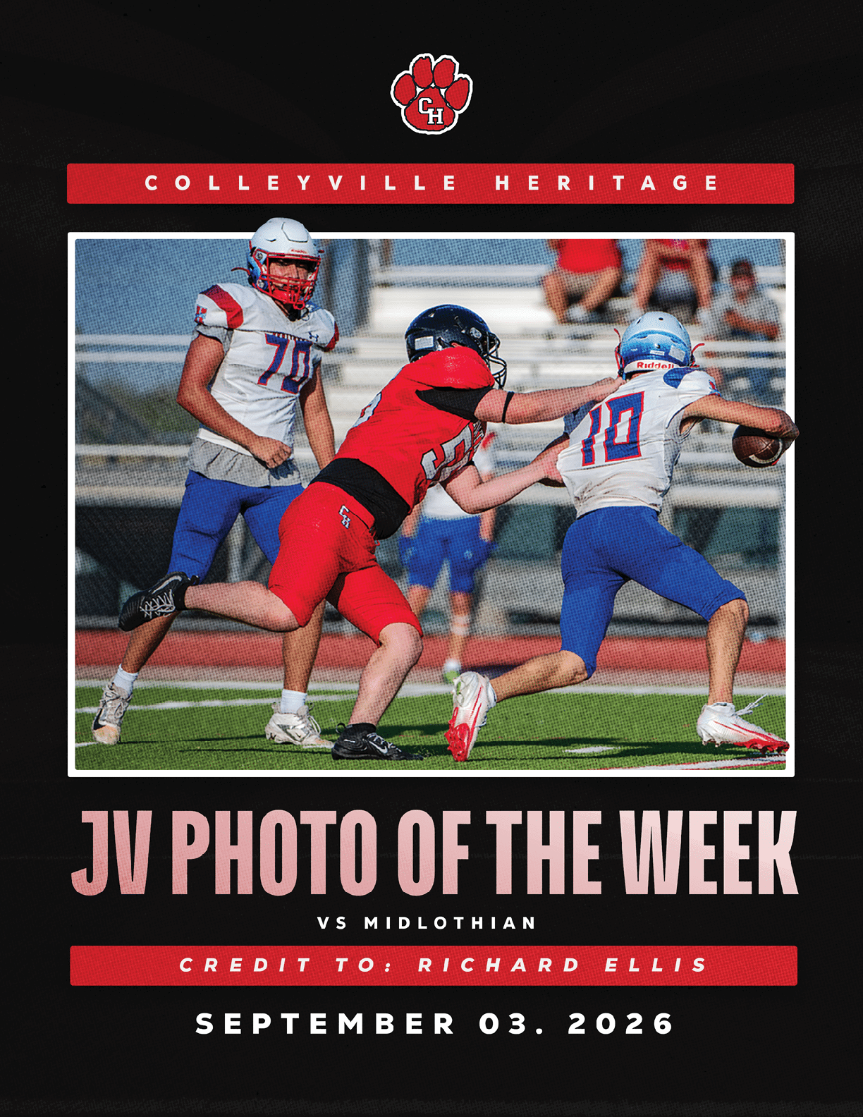 Three athletes in football uniforms are actively engaged in a play on a field with one player in red attempting to tackle a player in white and blue who is holding the ball, while another player in white and blue watches nearby. Description generated by AI