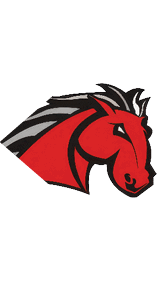 A stylized red horse head with a flowing black and gray mane facing right. Description generated by AI